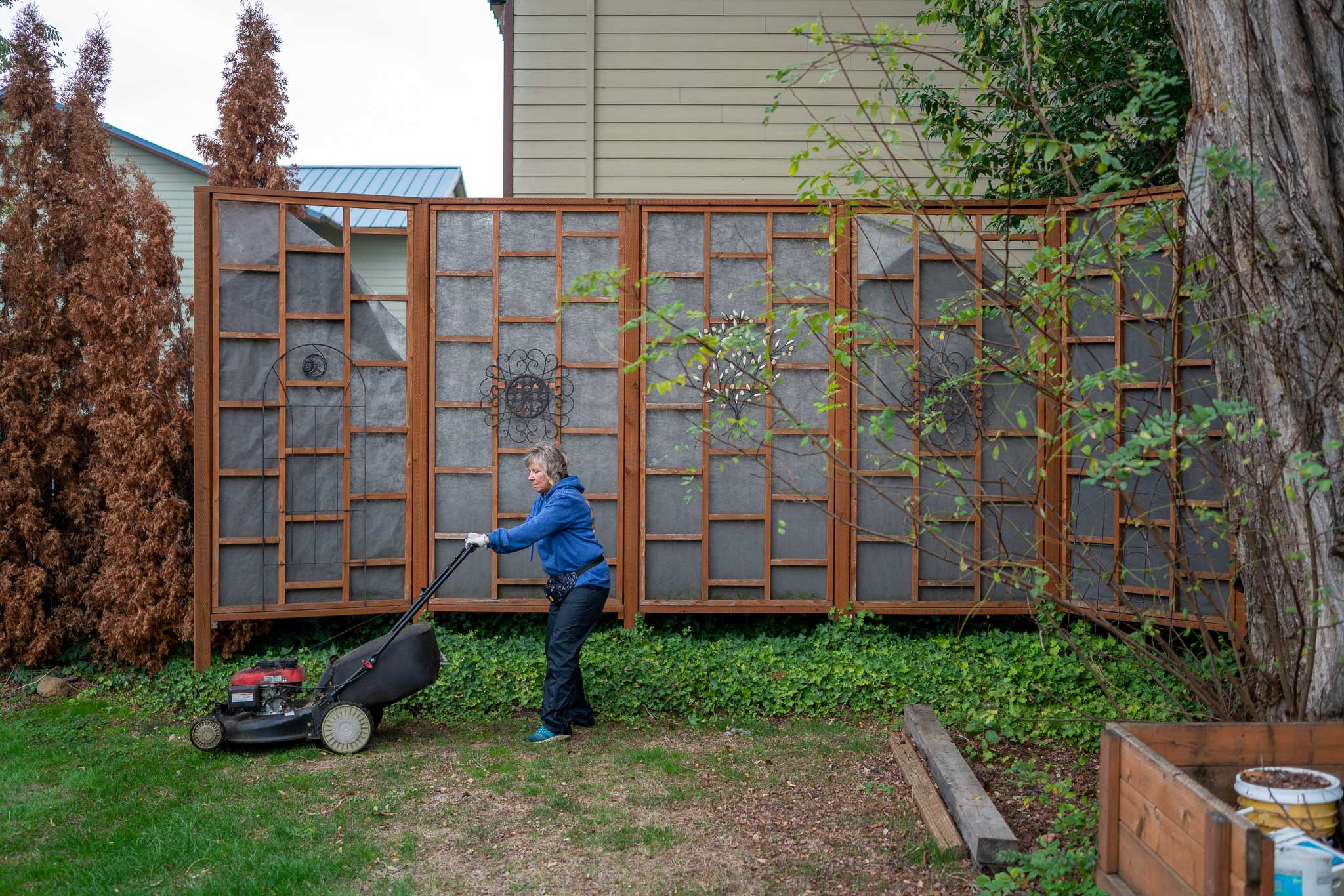 a woman pushes a lawnmower from right to left in a backyard